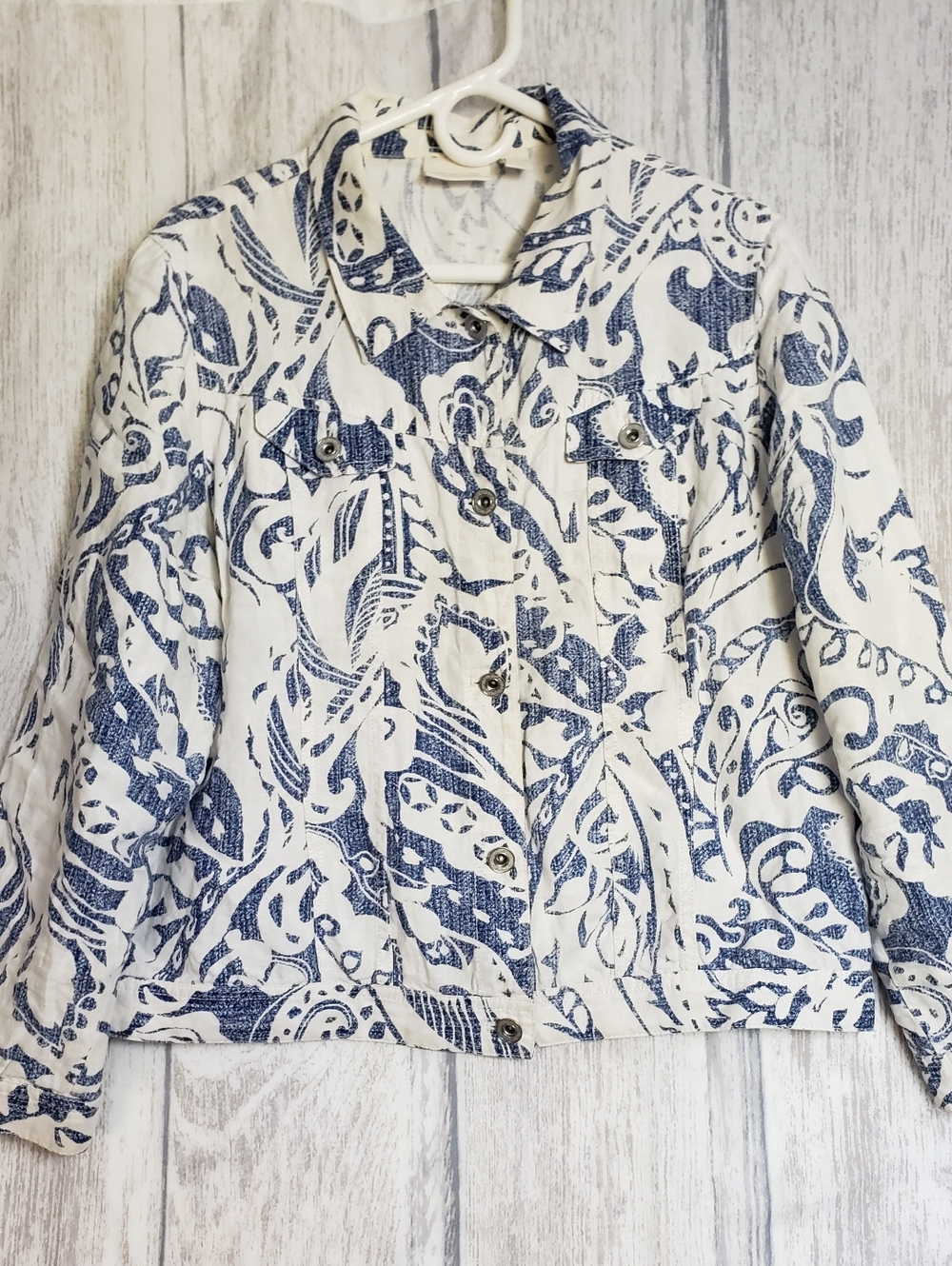 Chico's lightweight Linen camp jacket  blue & white paisley Sz 2 - Large 1a